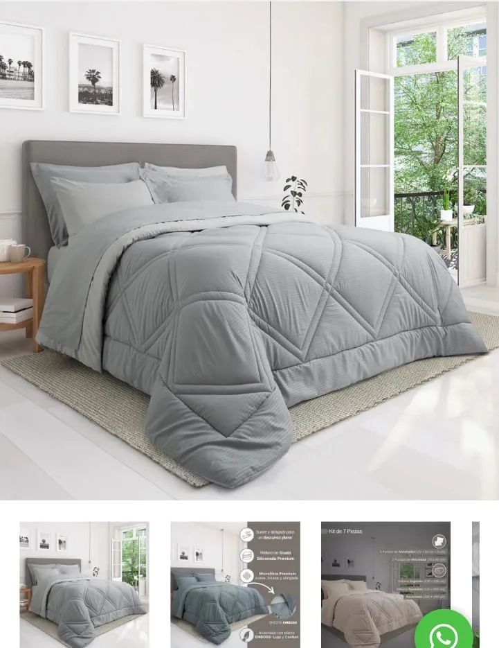 KIT 7 PIEZAS ACOLCHADO 2 1/ 2 PLAZAS + JUEGO DE SÁBANAS GRIS JEAN CARTIER 