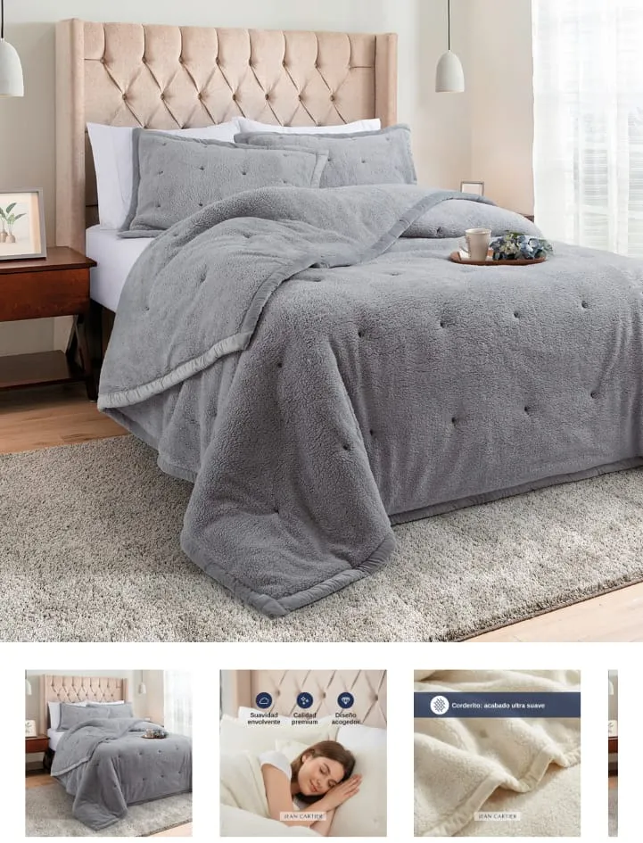 EDREDÓN QUEEN SIZE PREMIUM SUPER SOFT CON REVERDO DE MICROFLEECE GRIS MEDIO JEAN CARTIER 