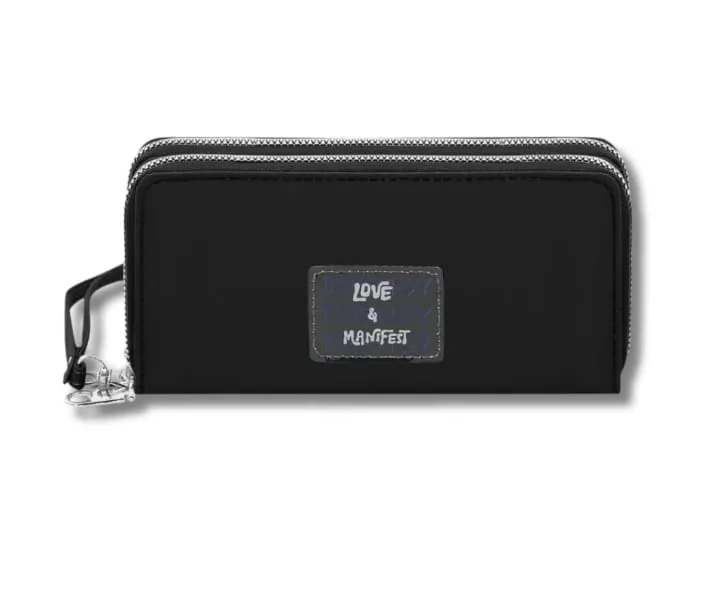 BILLETERA FICHERO TRENDY DE NYLON 2 CIERRES COLOR NEGRO CON LLAVERO ( 30254A)