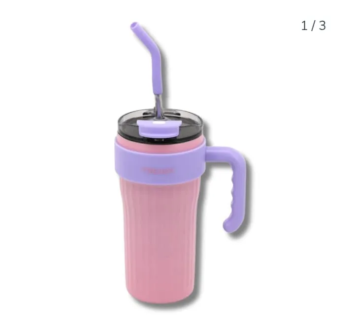 VASO TERMICO TRENDY DE ACERO INOXIDABLE 680 ML CON BOMBILLA COLOR ROSA LILA ( 18440B)