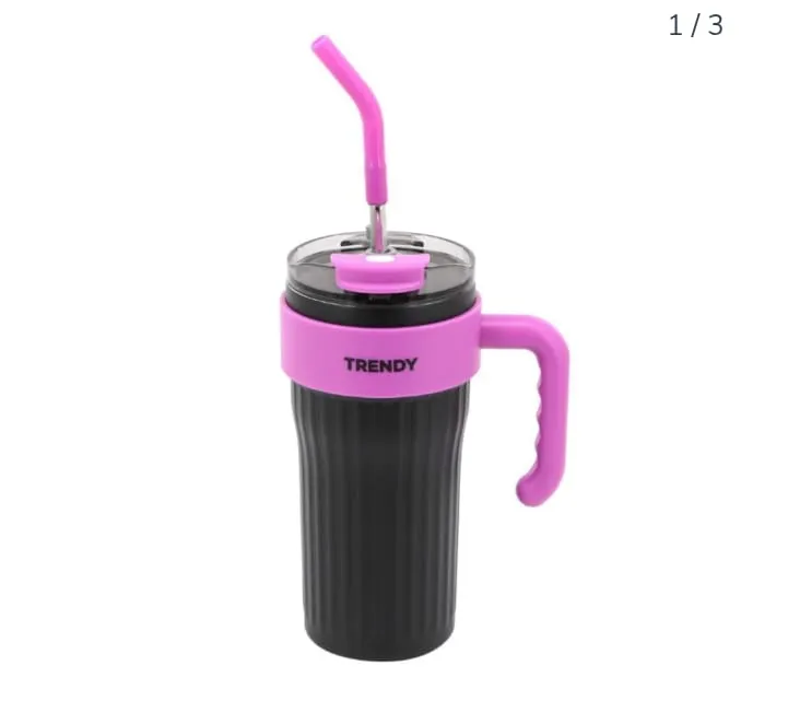 VASO TERMICO TRENDY DE ACERO INOXIDABLE 680 ML CON BOMBILLA COLOR NEGRO FUCSIA ( 18440A)