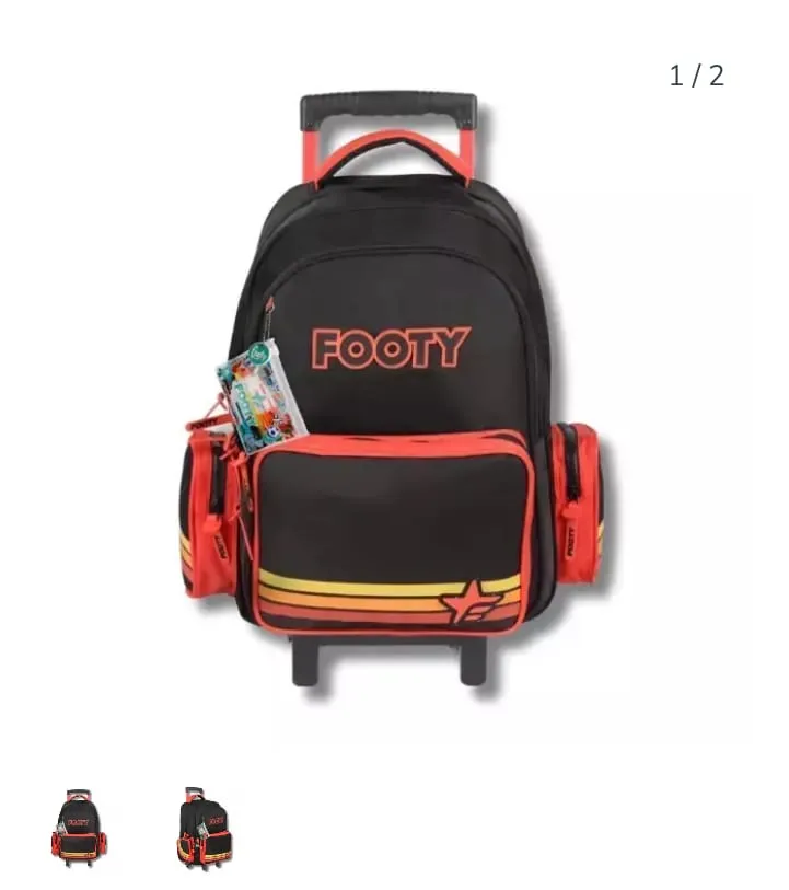 MOCHILA FOOTY CARRO 6 CIERRES- LAPICERAS INCLUIDAS - 18 PULGADAS 52 X 35 X 16 COLOR ROJO- NEGRO ( F26431A)