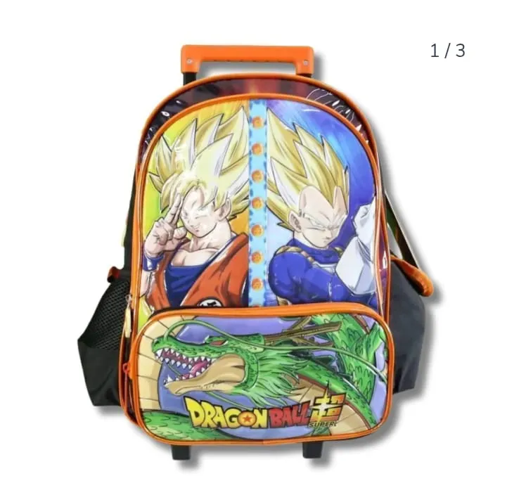 MOCHILA CRESKO CON CARRO DRAGON BALL Z 3 CIERRES 16 PULGADAS 44 X 30 X 17 COLOR NEGRO- NARANJA ( DB401)