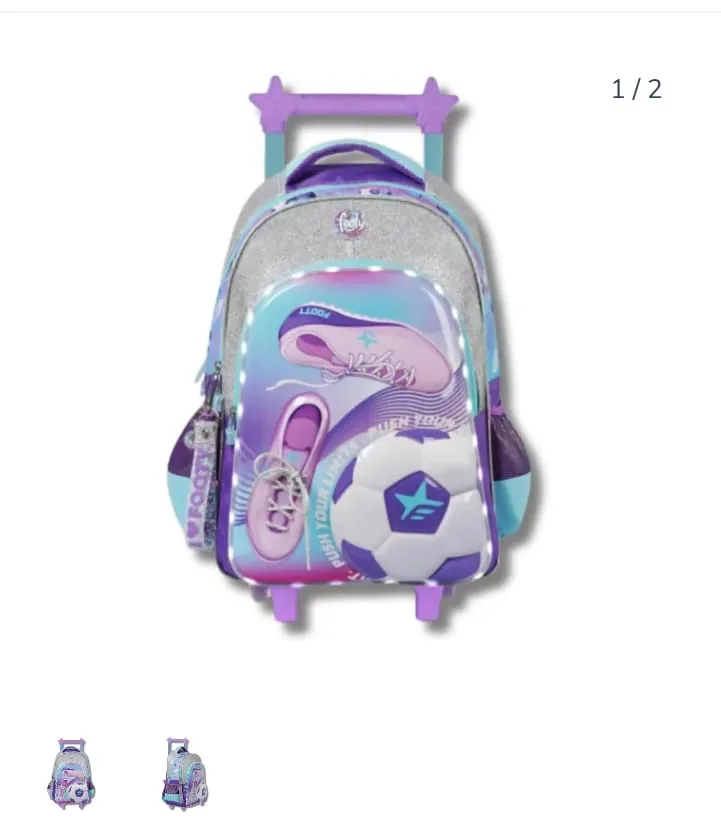 MOCHILA FOOTY CARRO FÚTBOL FEMENINO 18 PULGADAS 45 X 35 X 15 LUZ LED COLOR CELESTE- LILA ( BTS) ( F6291B)