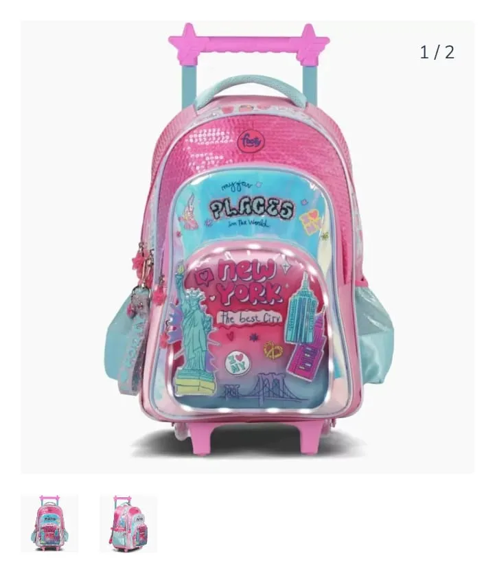MOCHILA FOOTY CARRO NUEVA YORK 4 CIERRES 18 PULGADAS LUZ LED 48 X 35 X 22 CM  COLOR ROSA ( BTS ) ( F6311C)