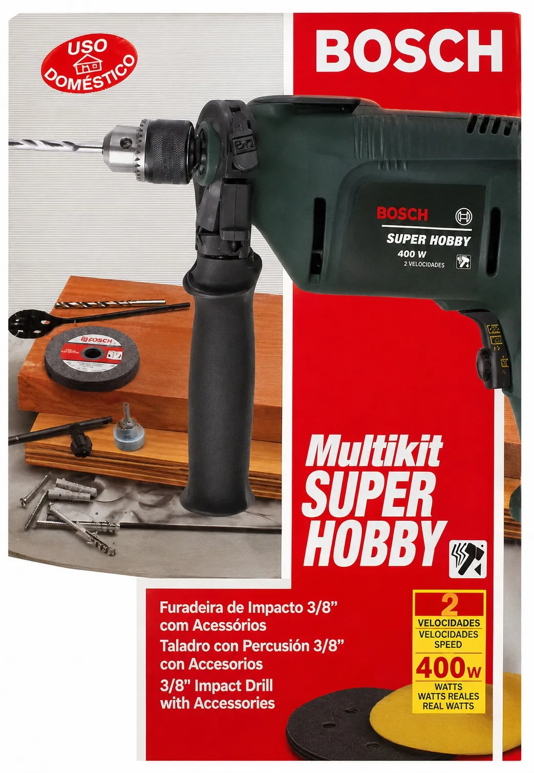taladro bosch 10 mm super hobby 400 w con accesorios