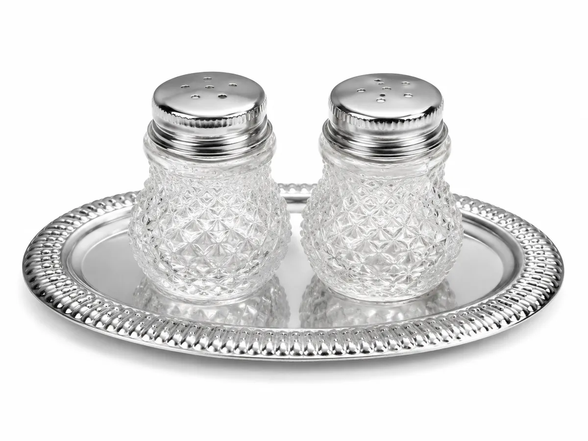 salero y pimentero de mesa con bandejita vidrio