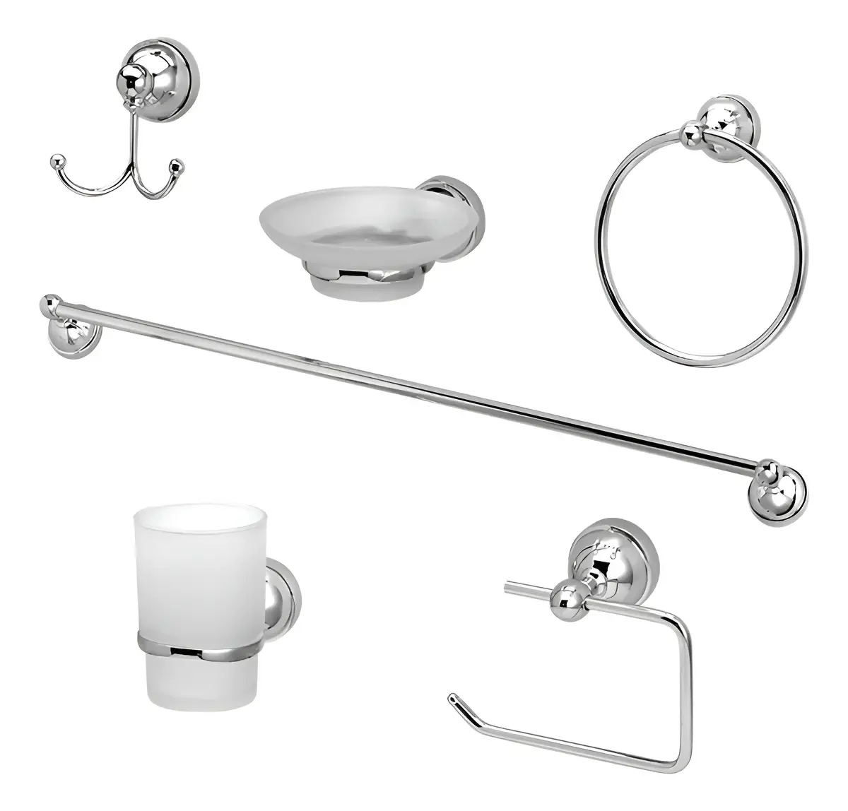Kit Accesorios Para Baño Peirano 8006 Línea 8000 Set de 6 Piezas Color Cromo Acabado Cromado Juego Percha Toallero Barral Porta Vaso Jabonera Rollo