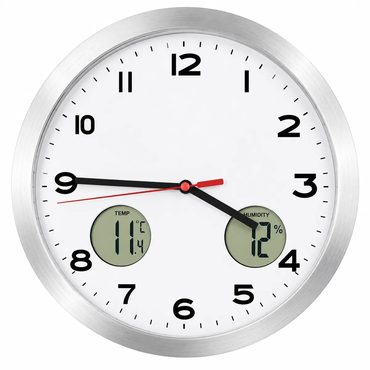 reloj de pared analogico con temperatura y humedad digital