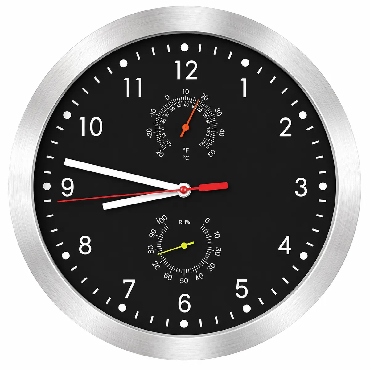 reloj de pared analogico con temperatura y humedad color negro