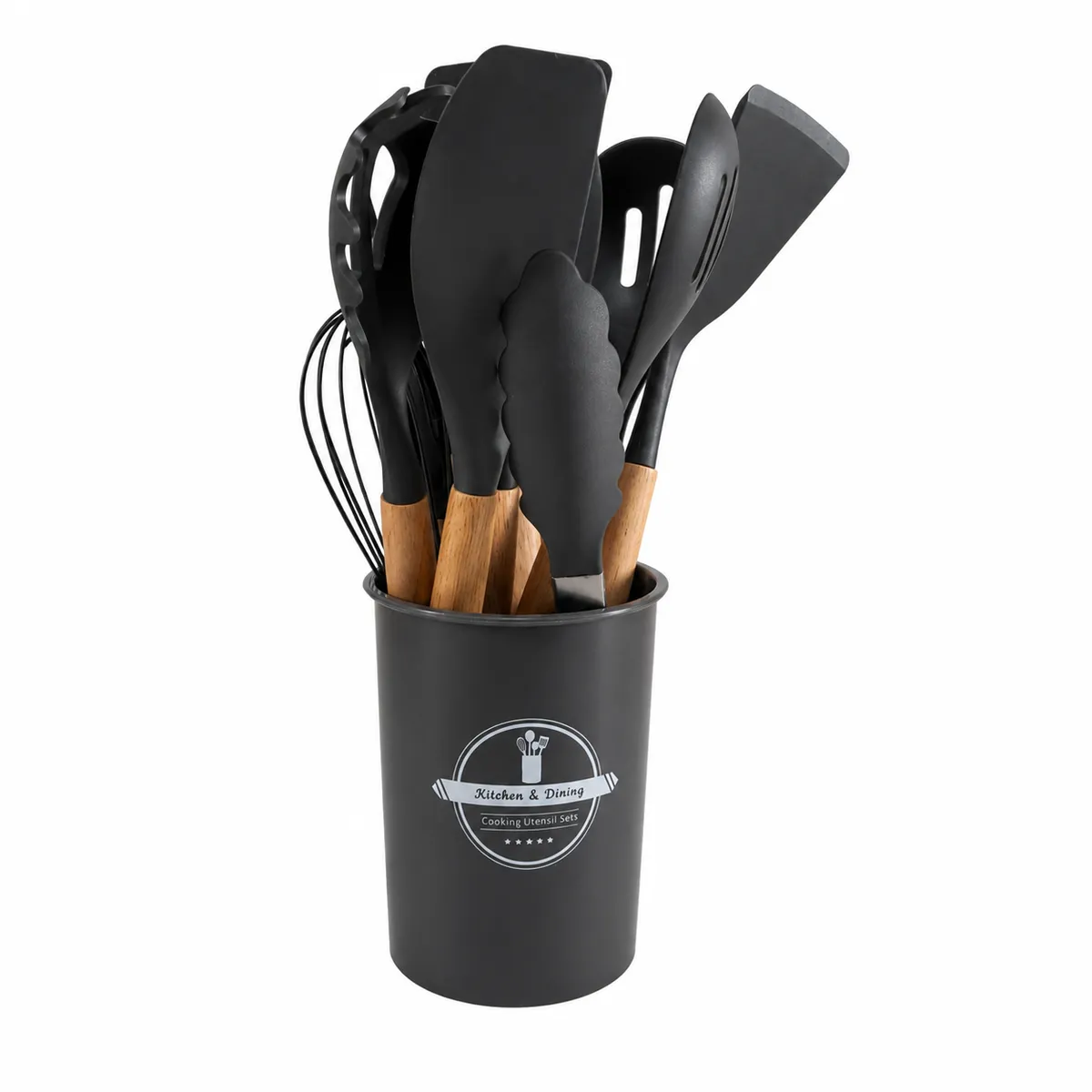 SET DE UTENSILLOS DE SILICONA CON MANGO DE MADERA