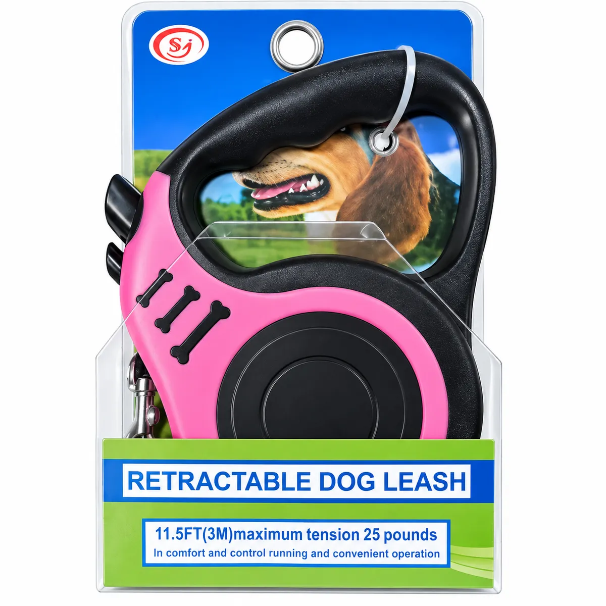correa retractil para mascotas color rosa y negro