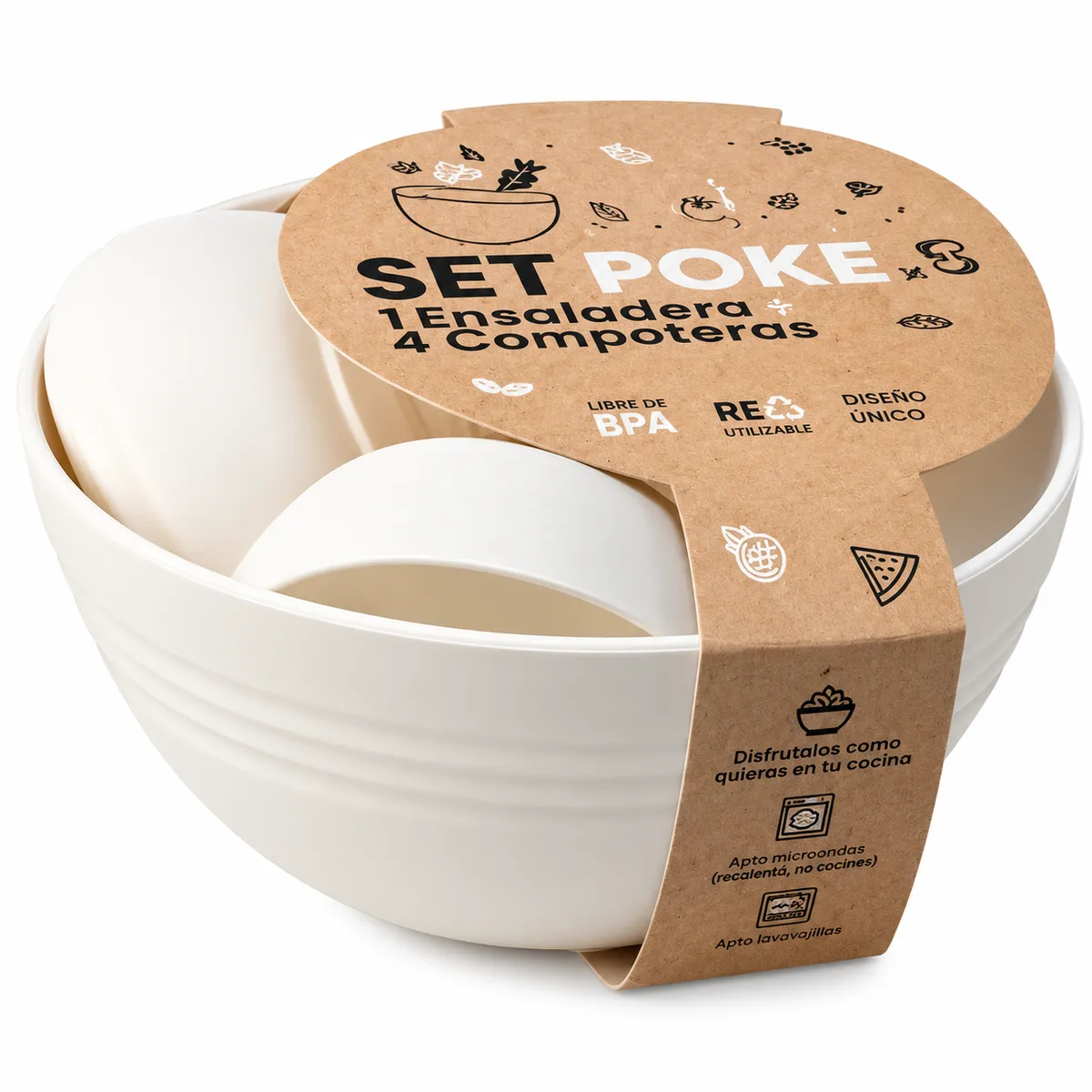 set ensaladera y 4 compoteras poke clasico blanco