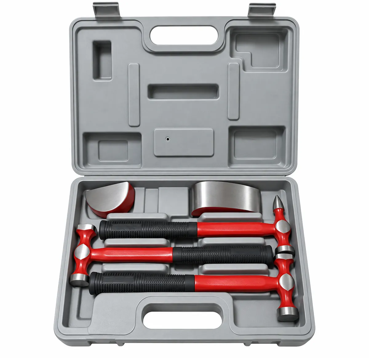 kit de chapista 5 piezas 3 martillos 2 aguantadores con maletin