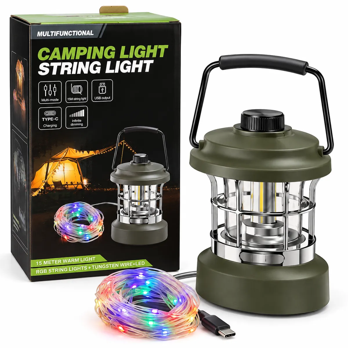 Lámpara Multifunción para Camping con Guirnalda LED RGB